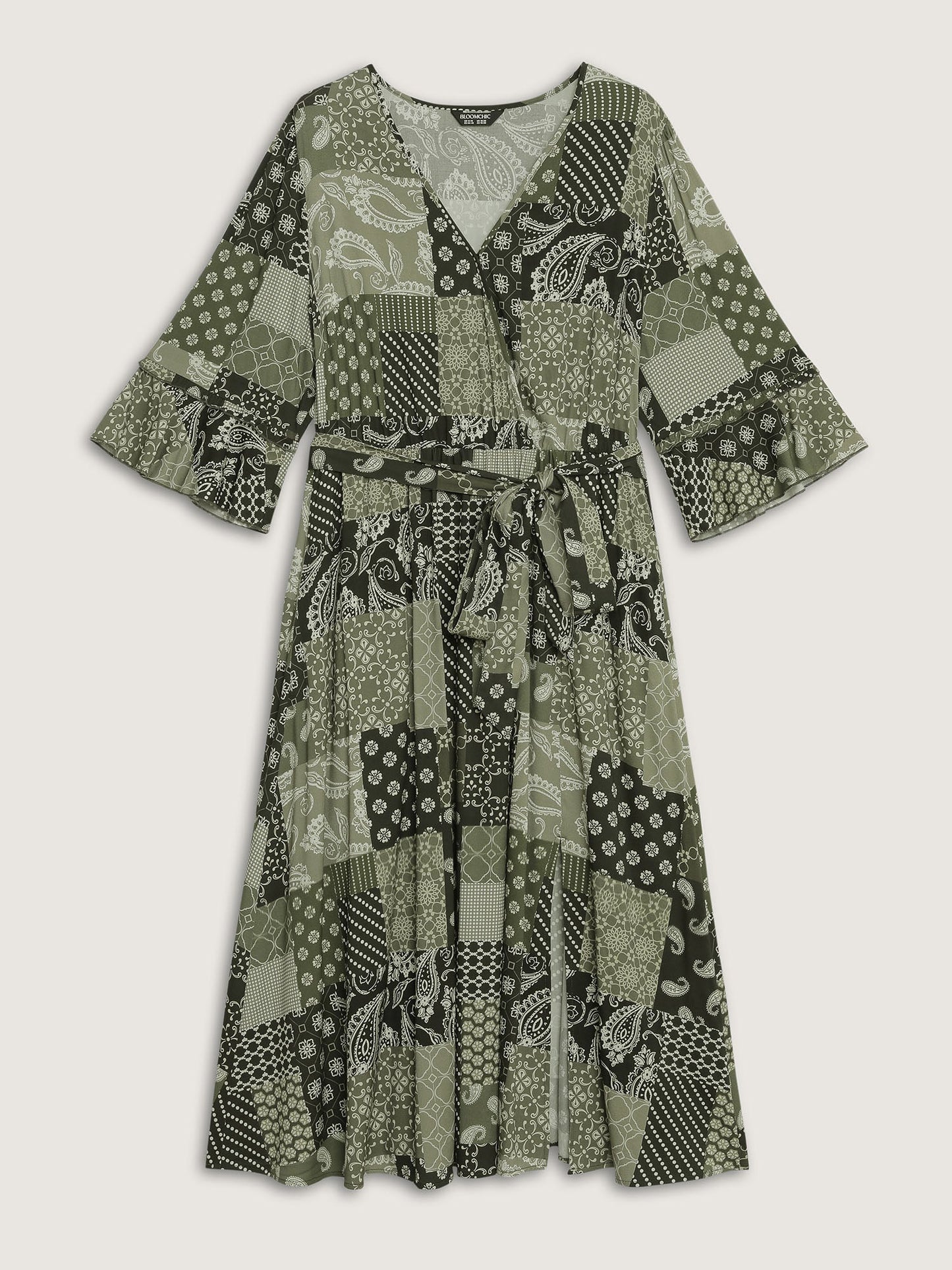 Boho Print Wrap Neckline Belted Maxi Dress