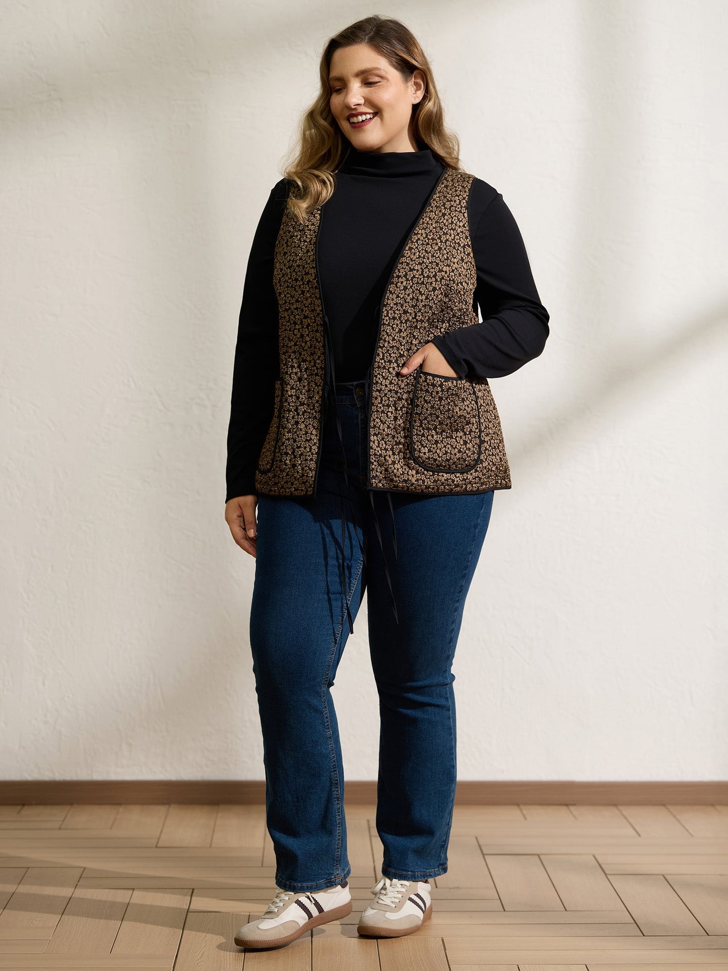 Floral Print Three Ties Quilted Vest