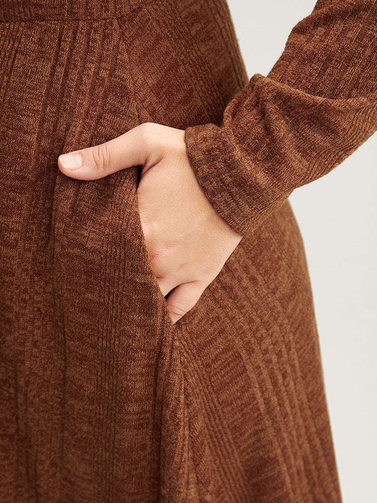 Solid Round Neck Pocket Rib Knit Dress Without Belt
