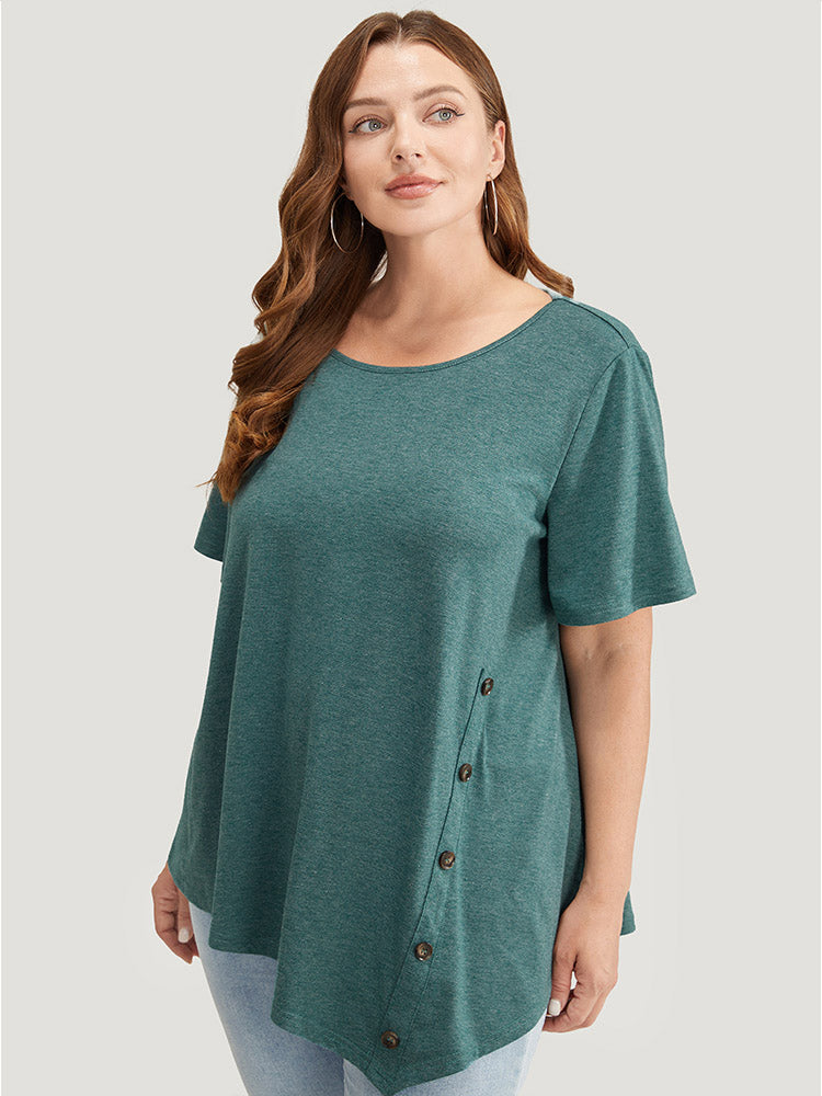 Solid Asymmetrical Hem Button Detail Ruffles T-shirt