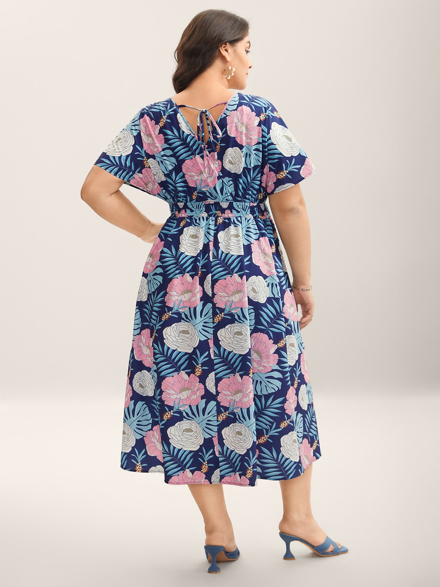 Tropical Print Back-Tie Shirred Midi Dress