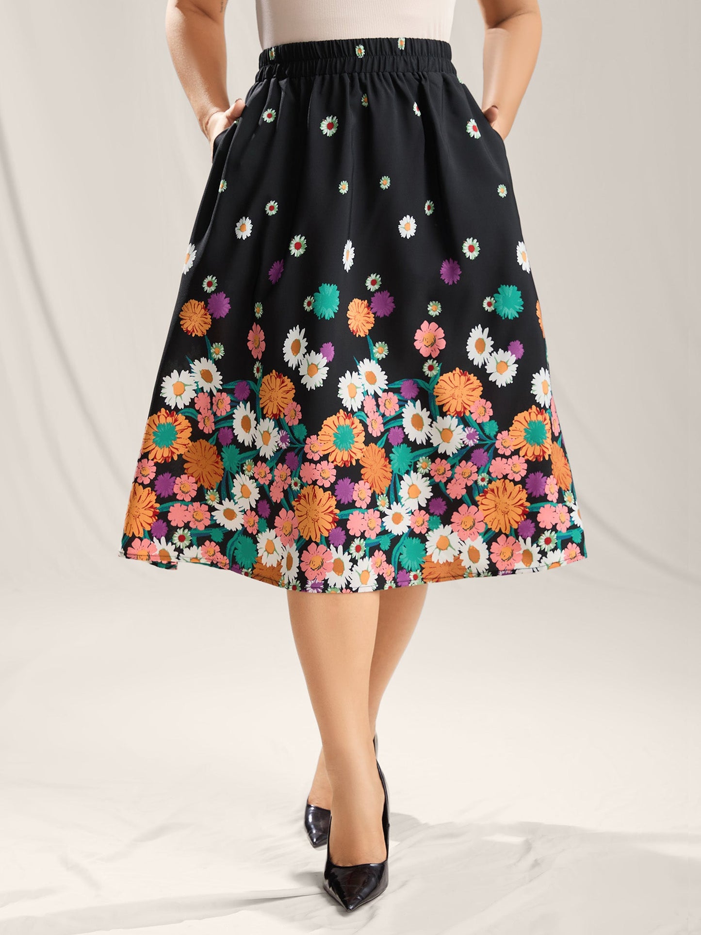 Floral Print Pleated Midi Skirt
