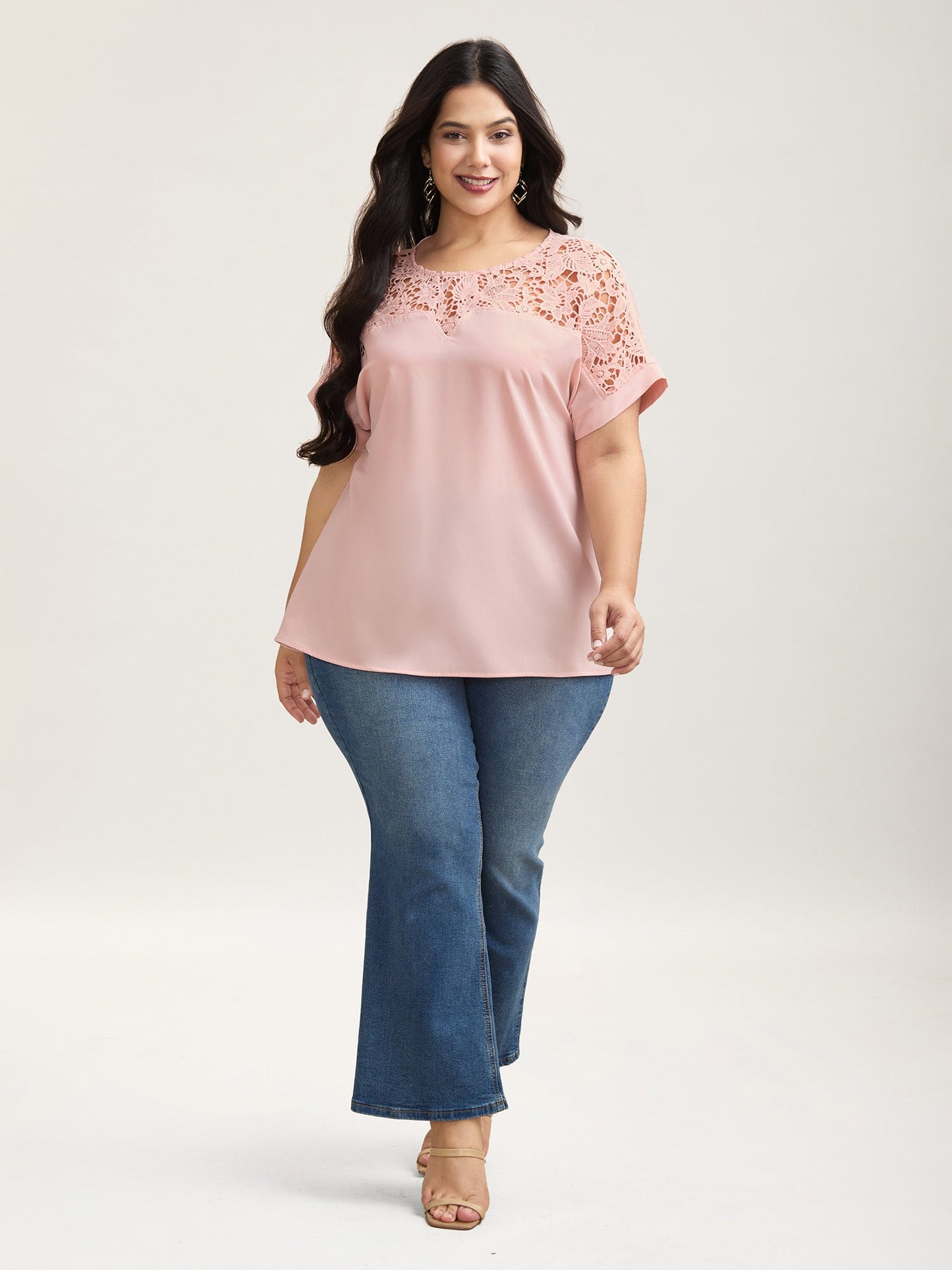 Sheer Lace Neck Half Sleeve Shirt