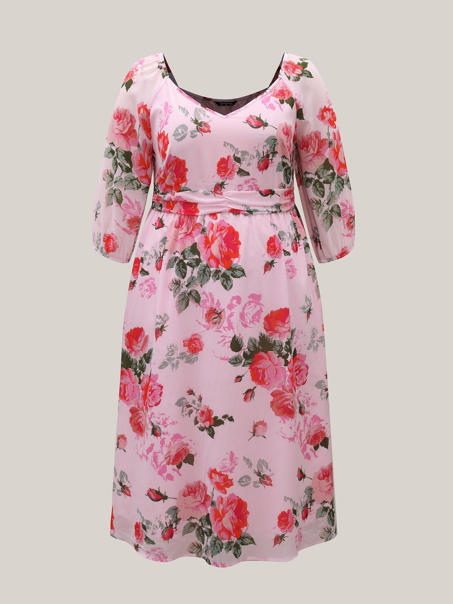 Rosy Print Pockets Pleated Midi Dress