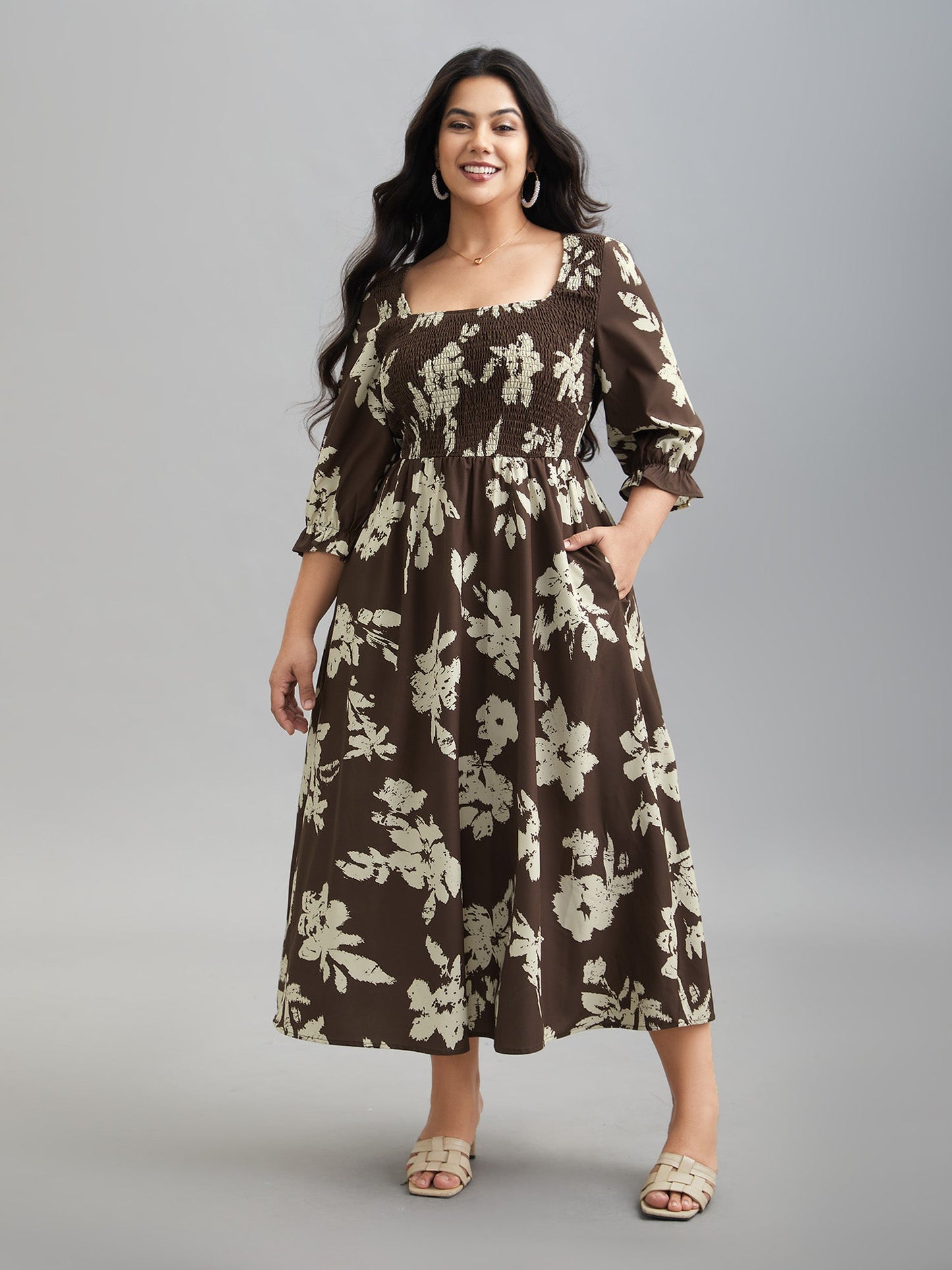 Leaf Print Square Neck Ruffled Shirred Midi Dress
