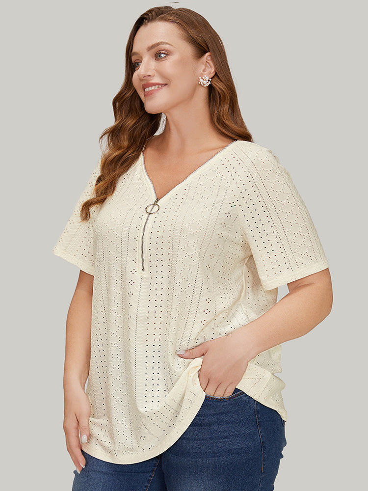 Solid Half Zipper Broderie Anglaise T-shirt