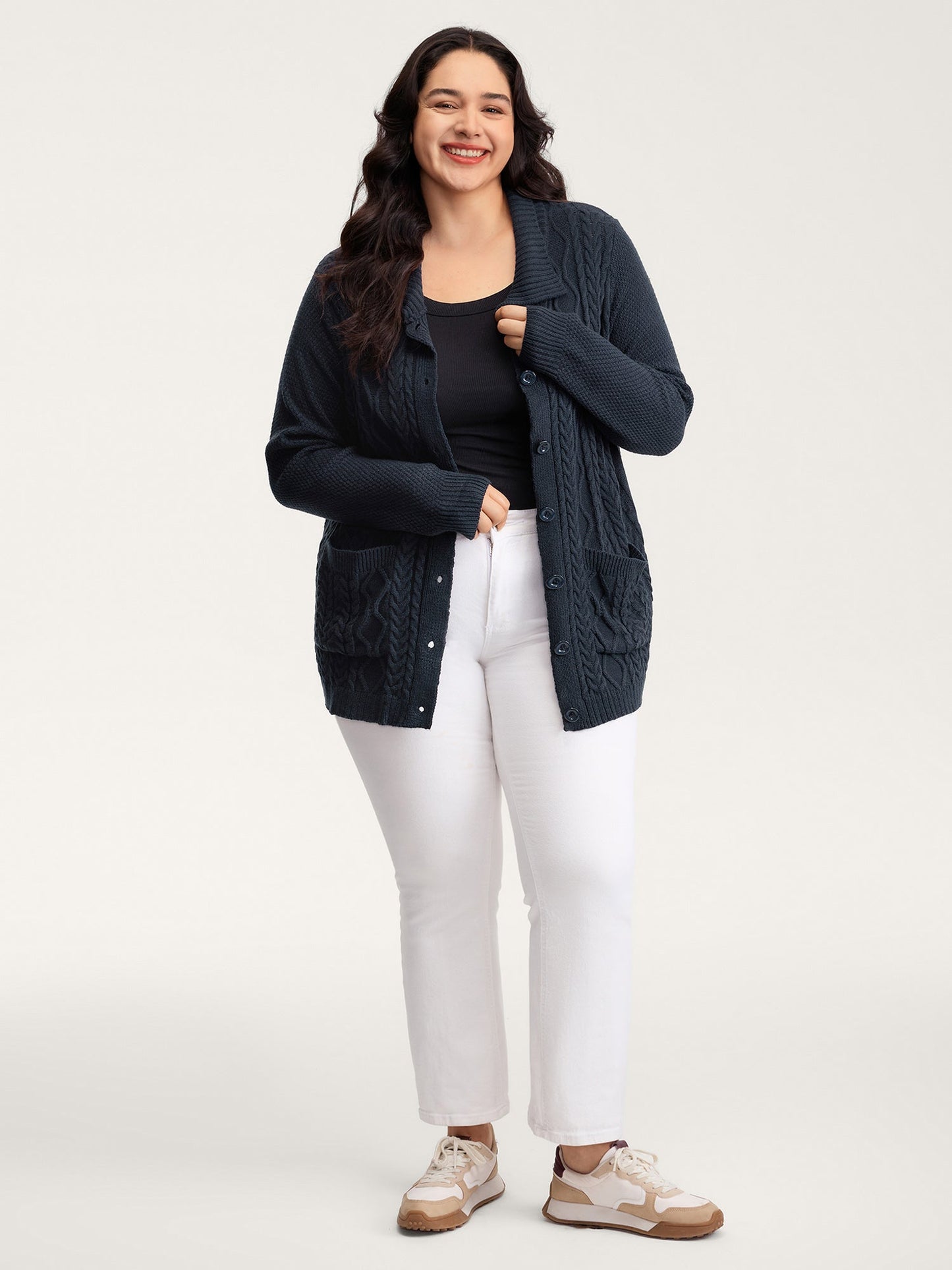 Mixed Texture Cable Stitch Pockets Knit Cardigan