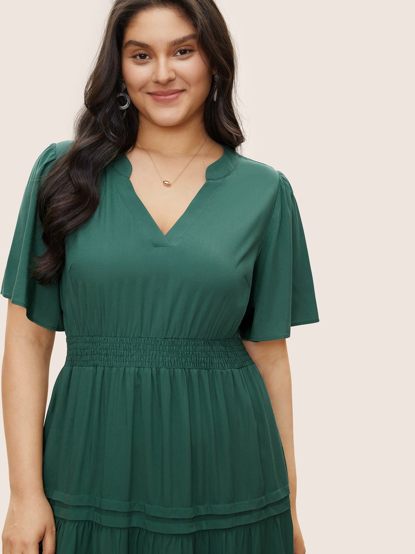 Plain Shirred Notched Pocket Pleated Dress