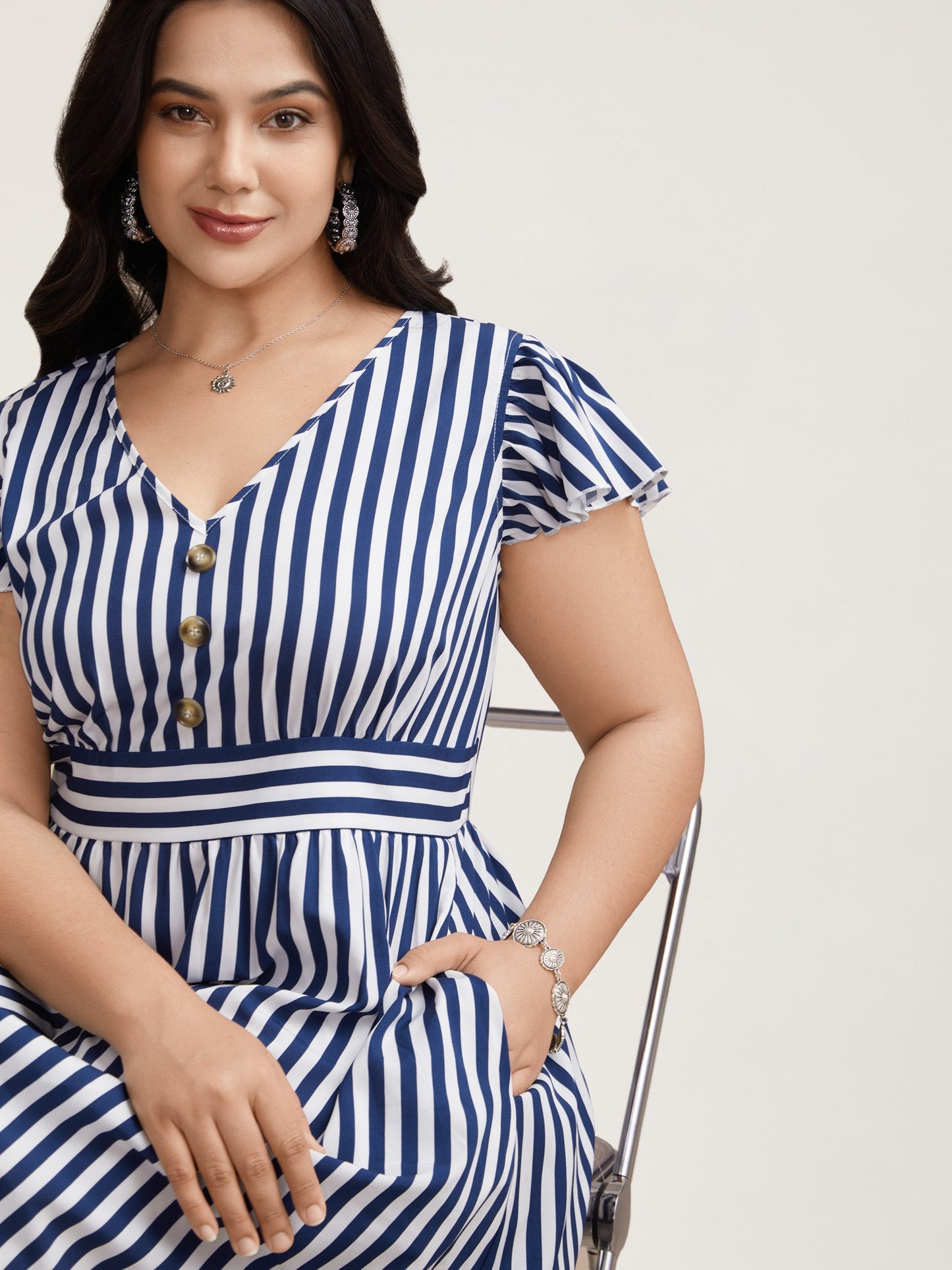 Nautical Stripes Stretchy Waist Tiered Midi Dress