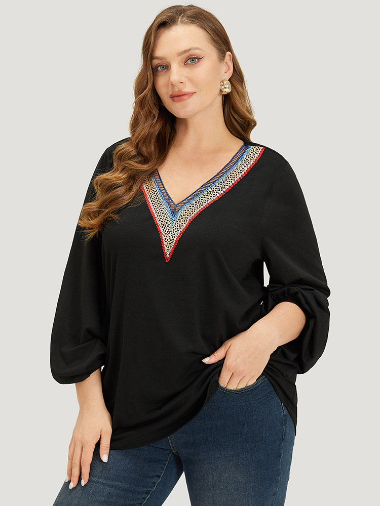 Contrast Webbing V Neck Elastic cuffs T-shirt