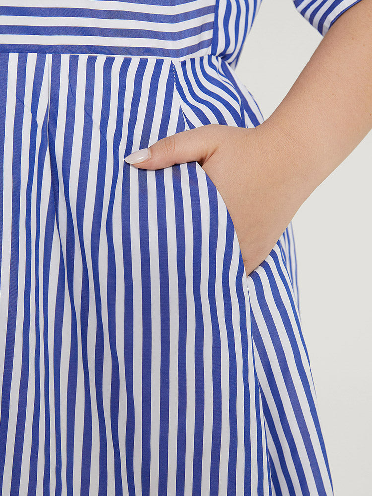 V Neck Striped Pocket Ruffle Hem Button Detail Dress