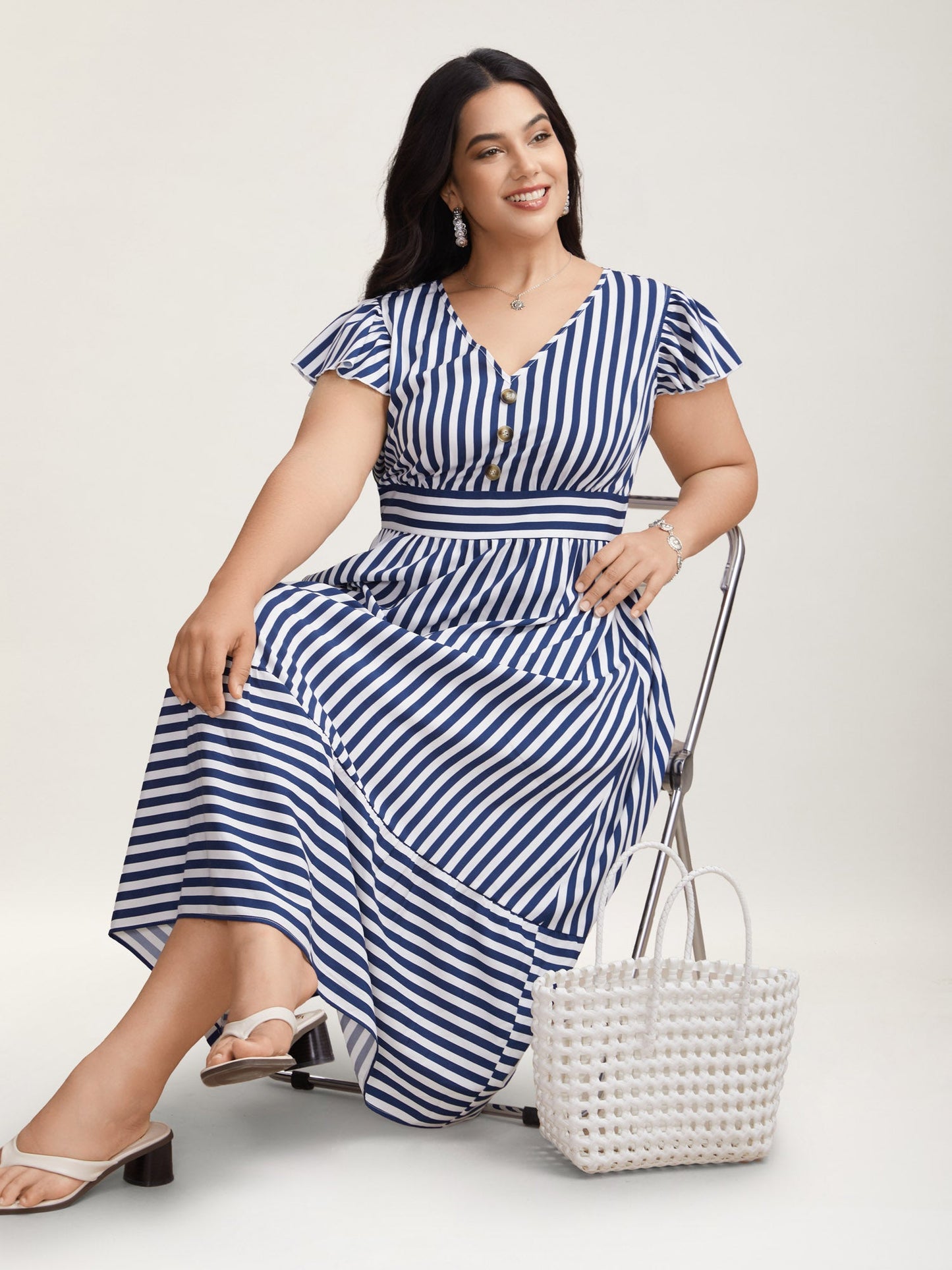 Nautical Stripes Stretchy Waist Tiered Midi Dress