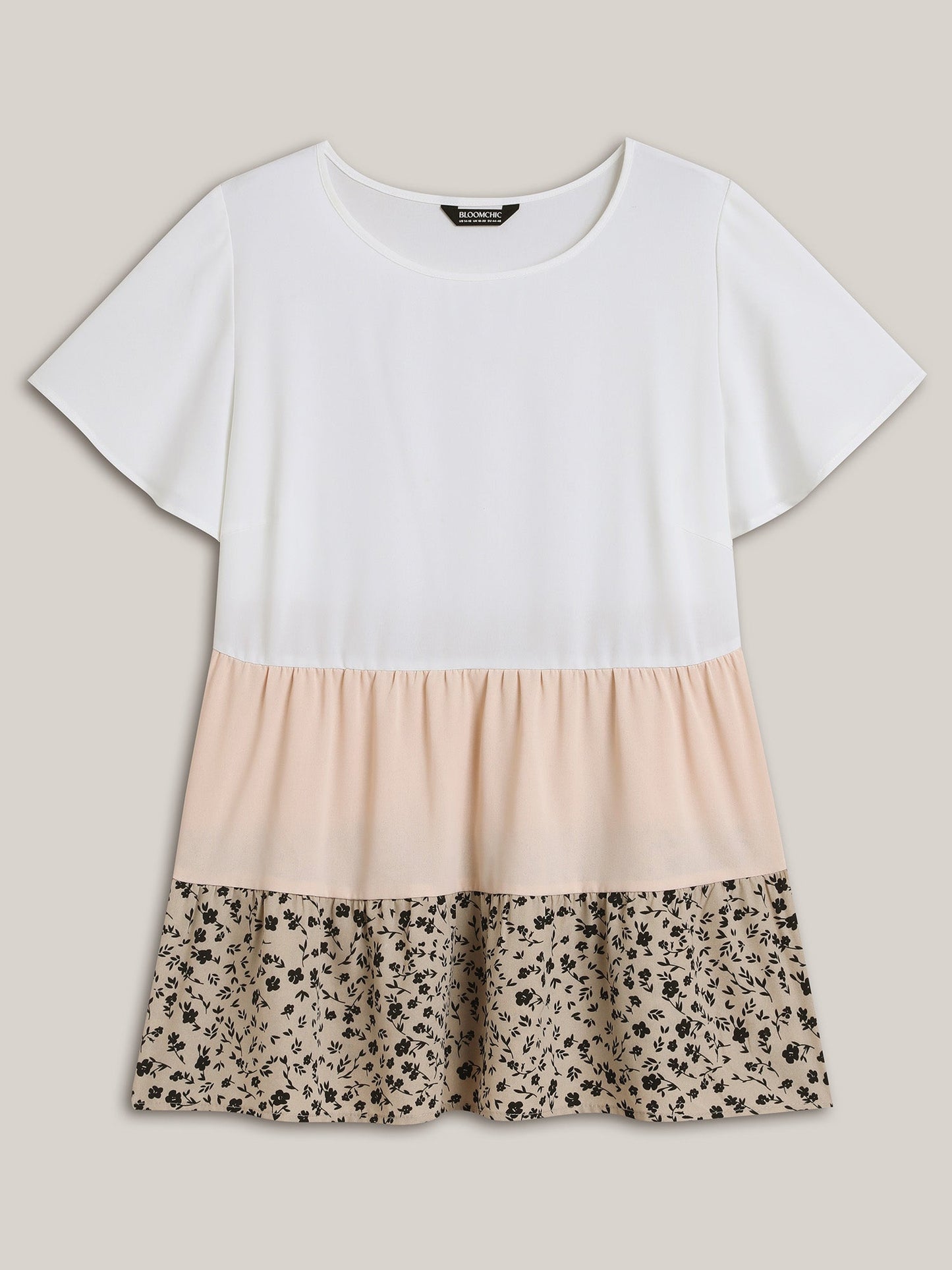 Round Neck Contrast Tiered Blouse