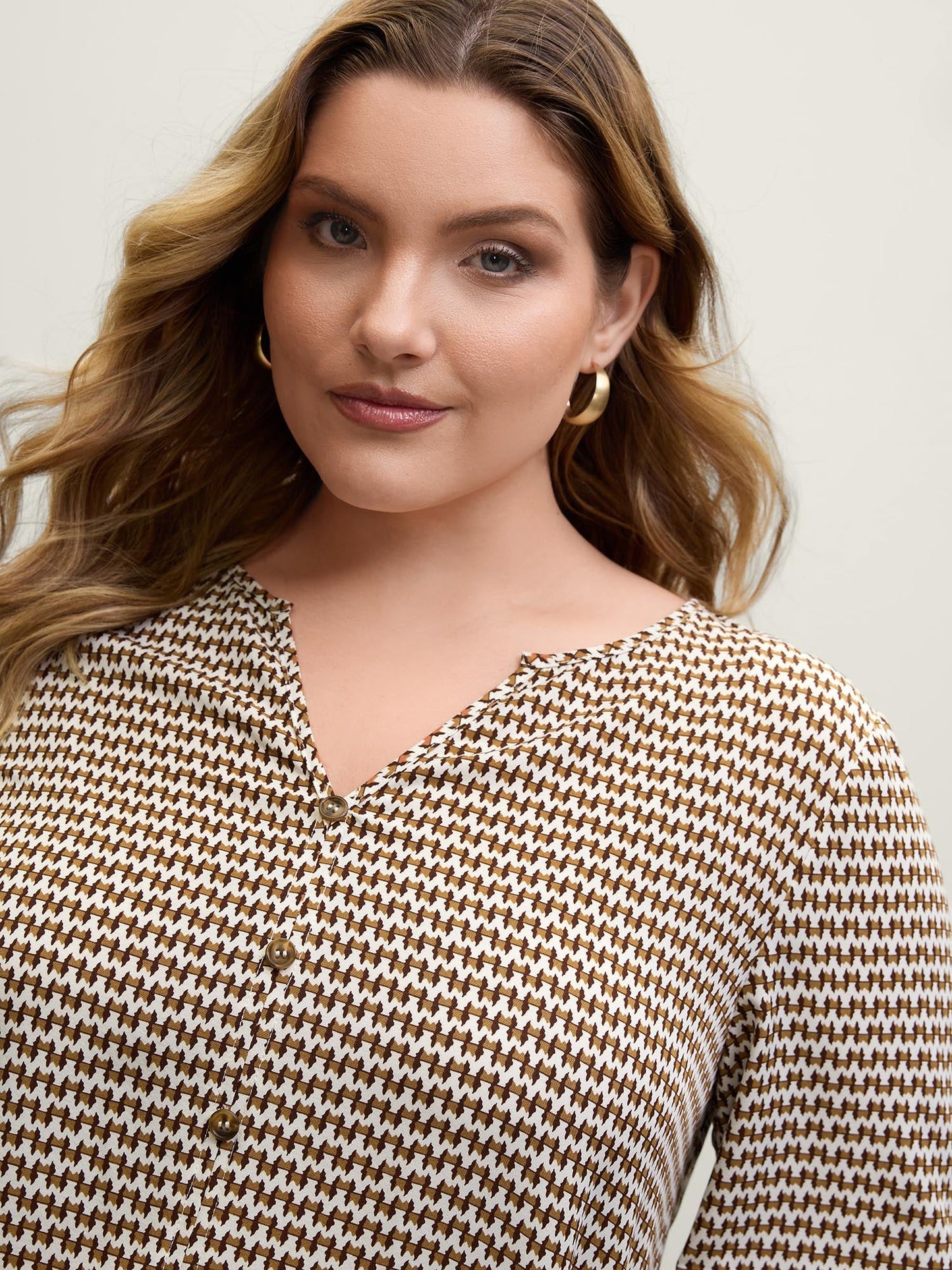Wavy Stripe Button Detail Split Neck Blouse