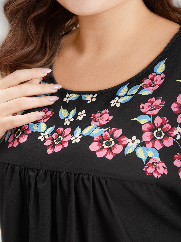 Floral Print Patchwork Lace Trim Gathered Blouse