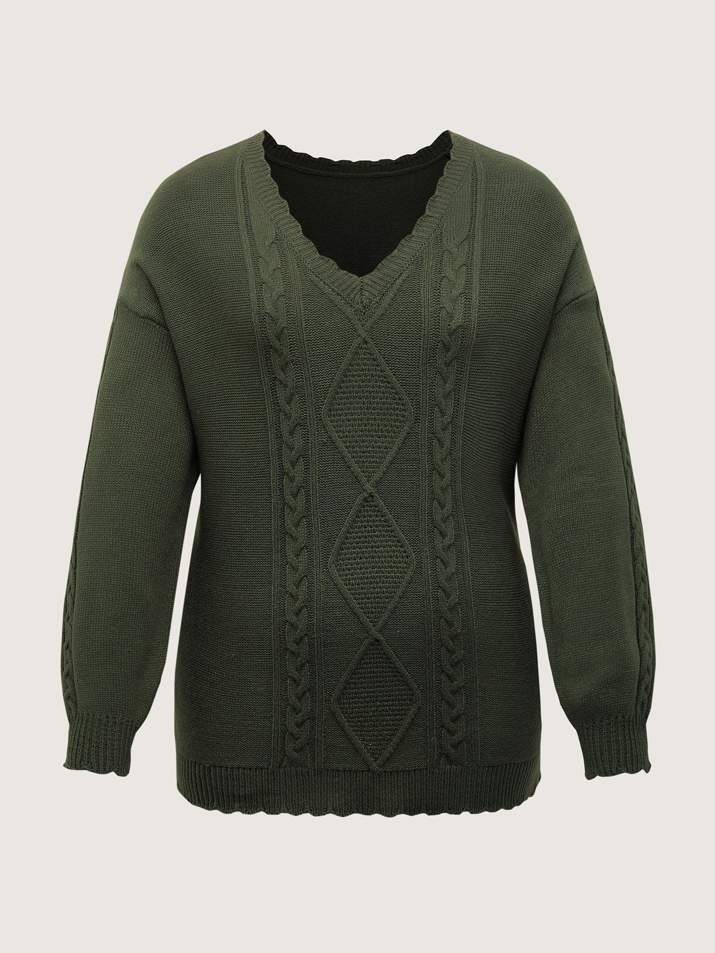 CableKnit Balloon Sleeve V-Neck Pullover