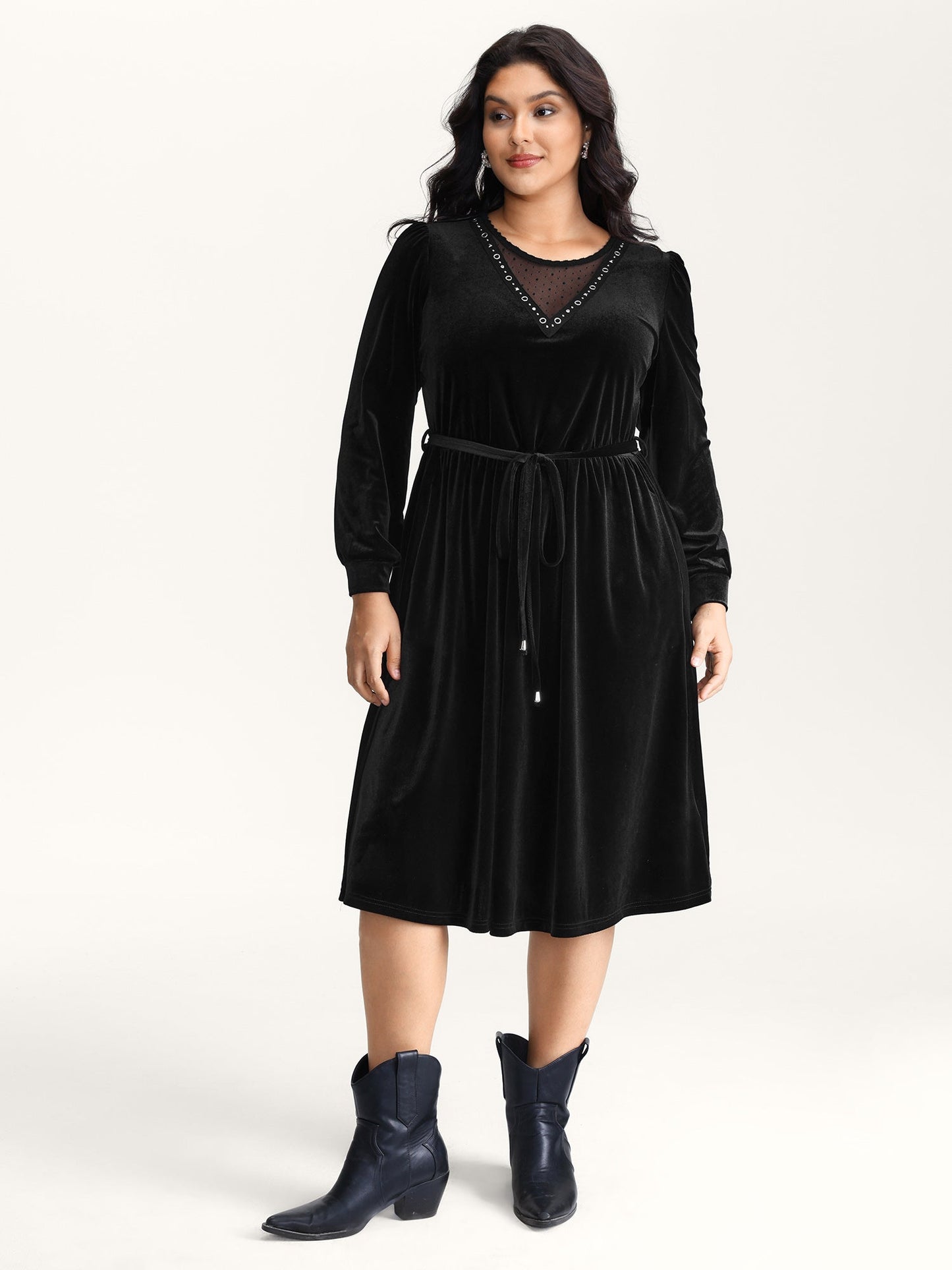 Velvet Sheer Neckline Belted Waist Maxi Dress