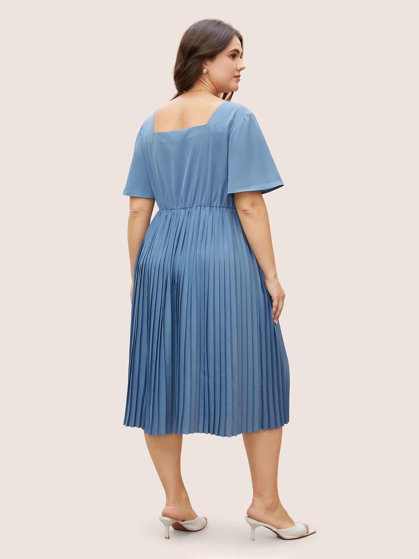 Square Neck Plain Pleated Ruffle Sleeve Dress