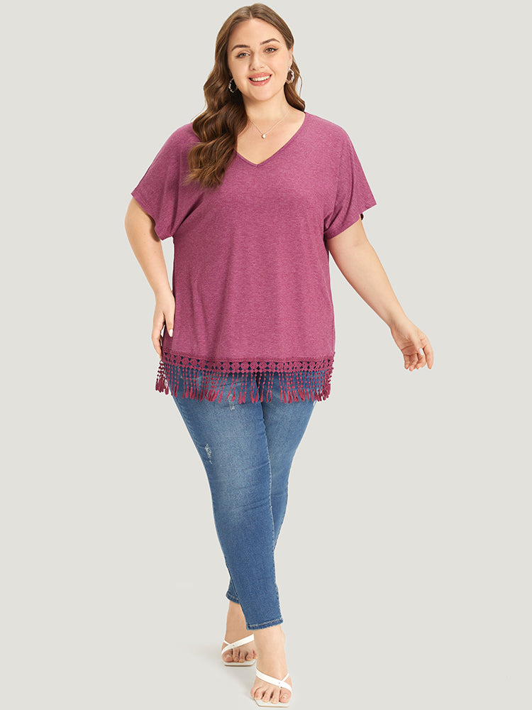 Plain Fringe Trim Batwing Sleeve T-shirt