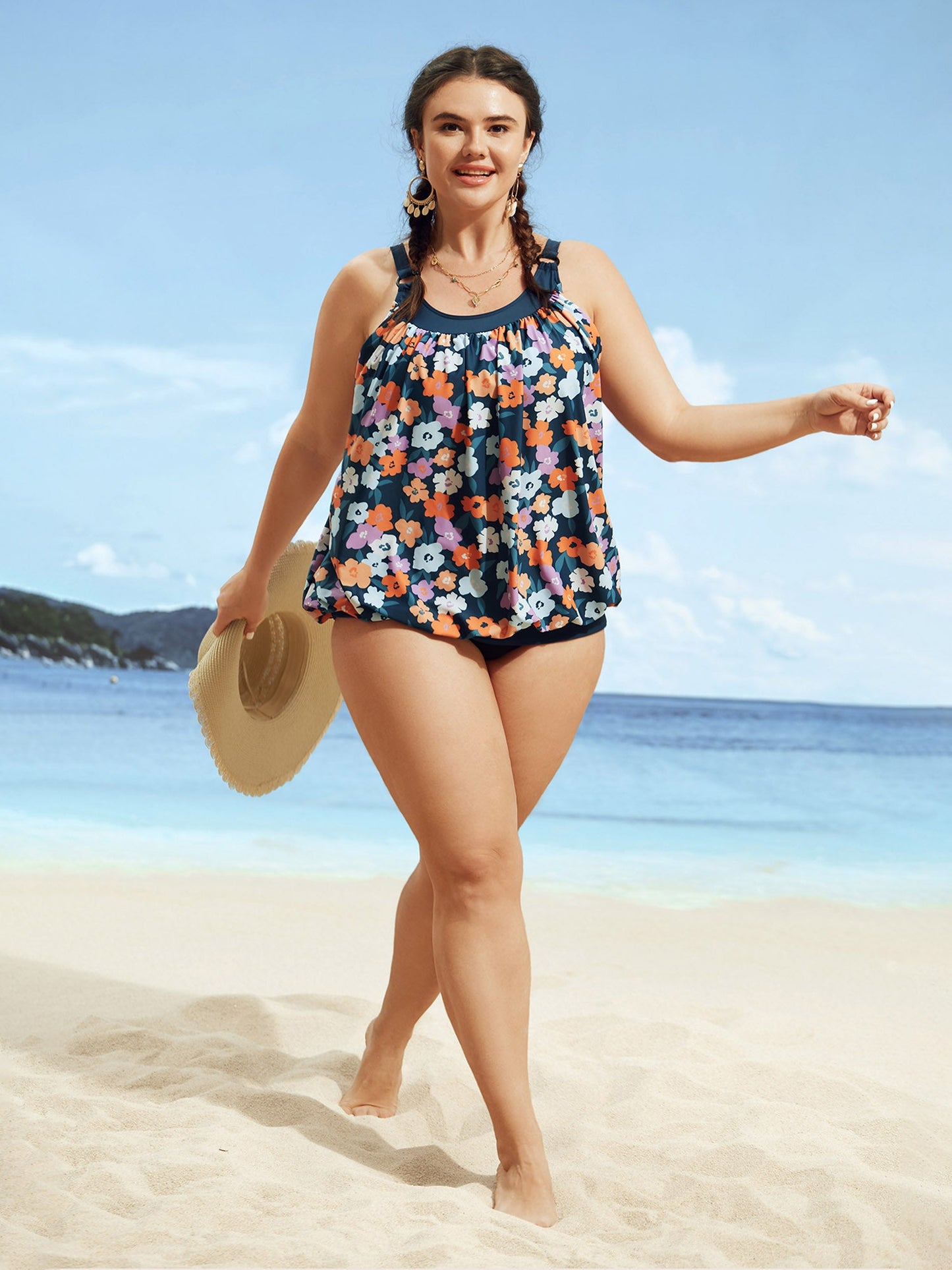 Floral Patchwork Round Buckle Detail Swim Top