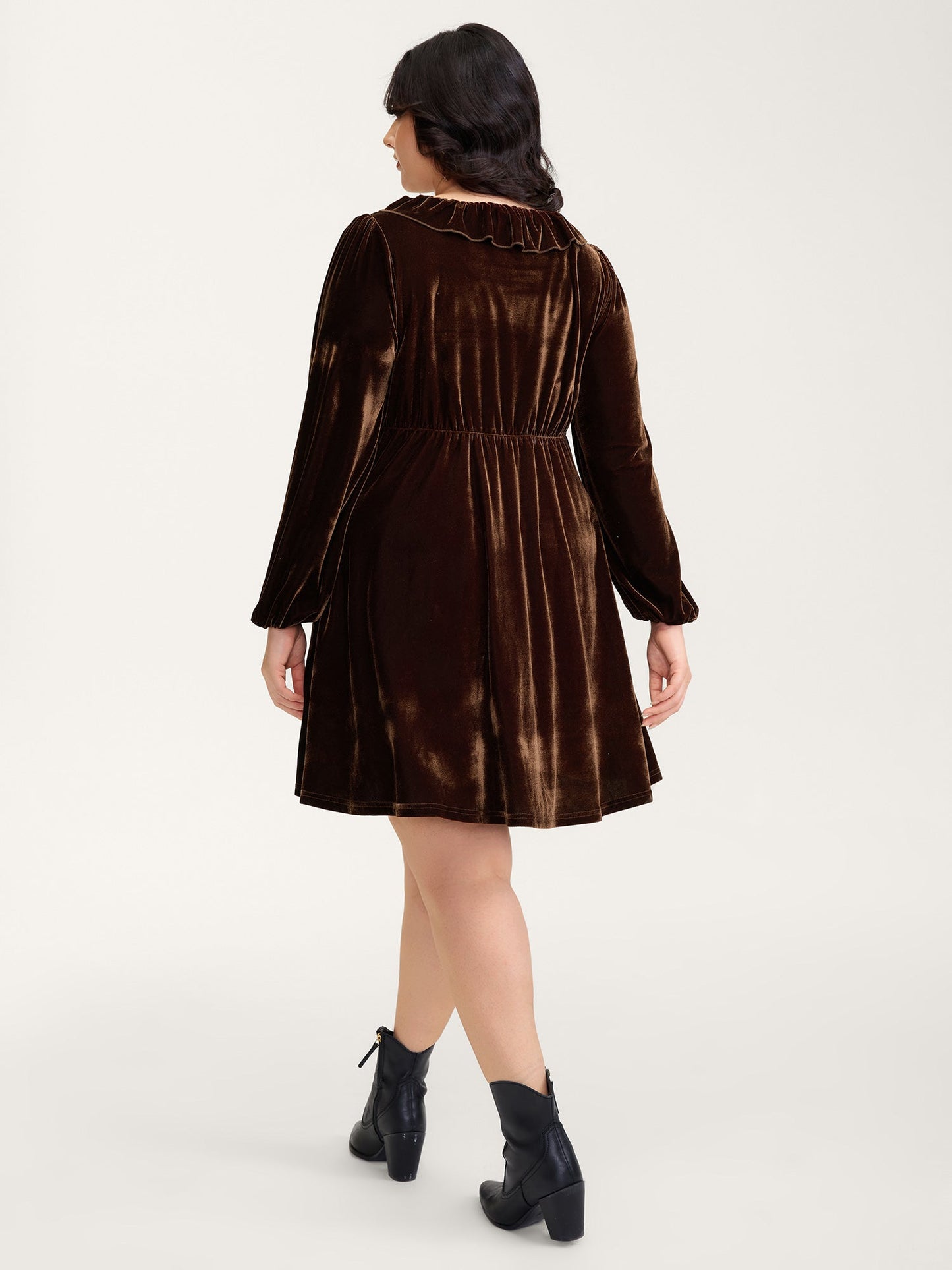 Velvet Floral Embroidered Neckline Knee-Length Dress