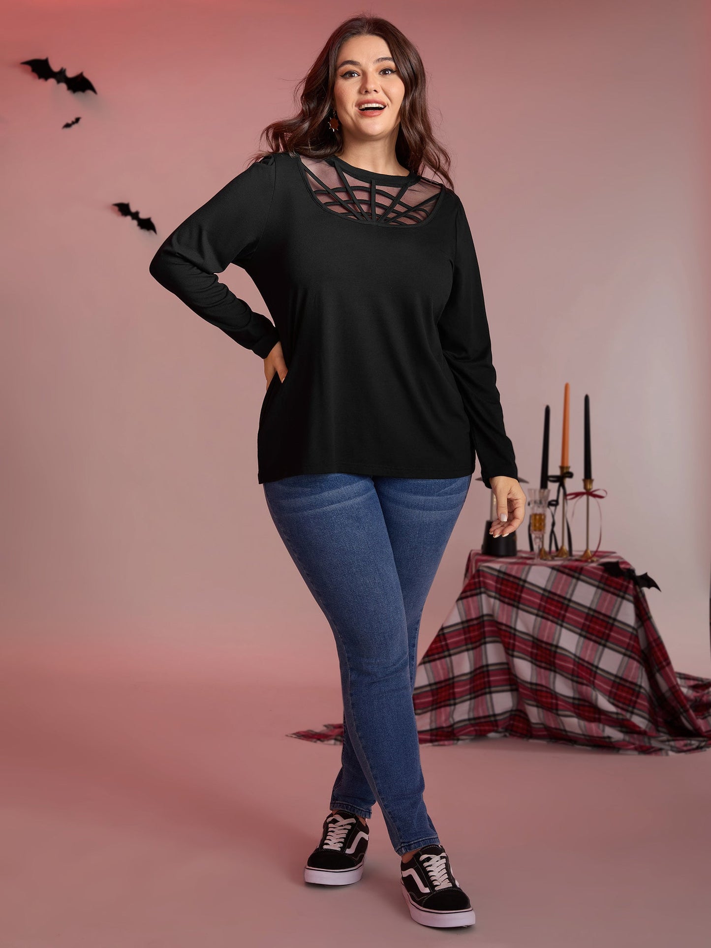 Spiderweb Cut-Out Neckline Fitted T-Shirt
