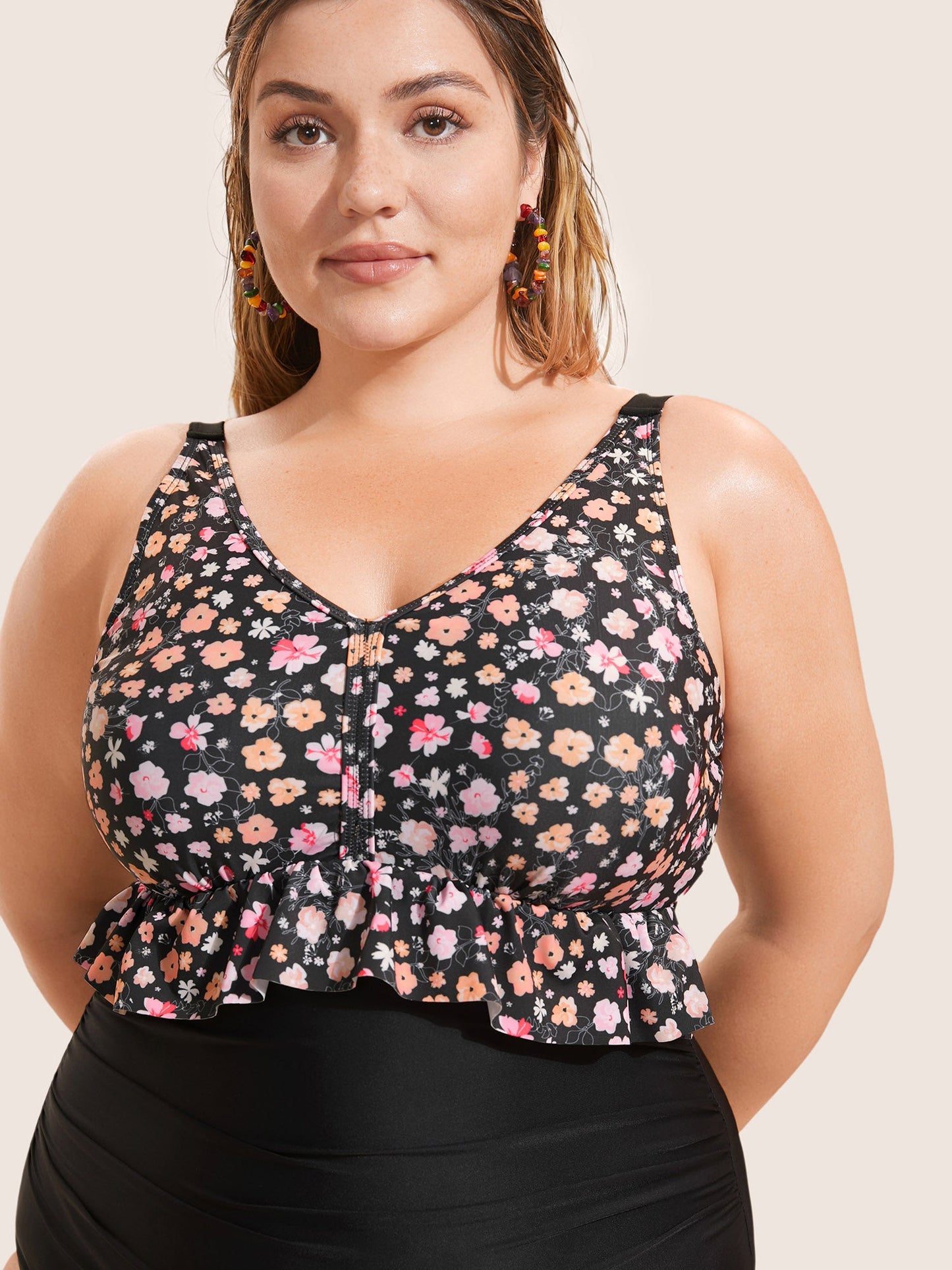 Ditsy Floral Patchwork Ruffle Trim One Piece Swimsuit