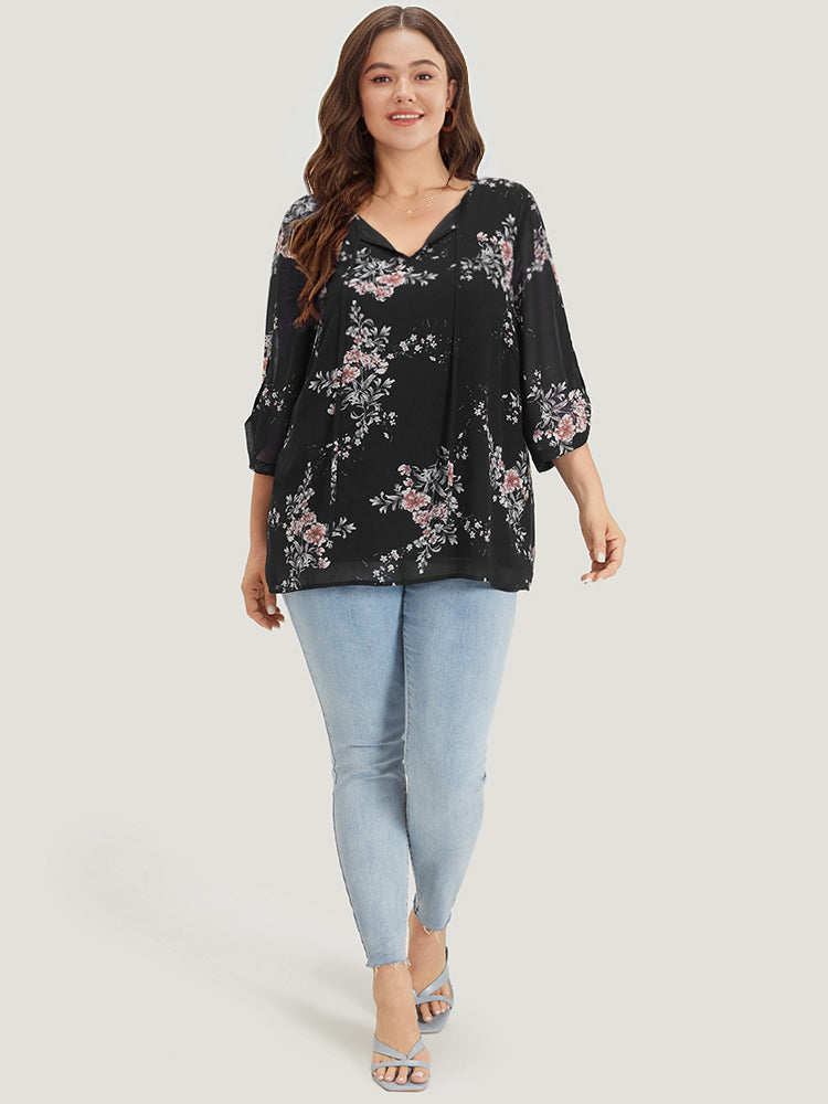 Floral Print Knot Neck Mesh Tab Sleeve Blouse
