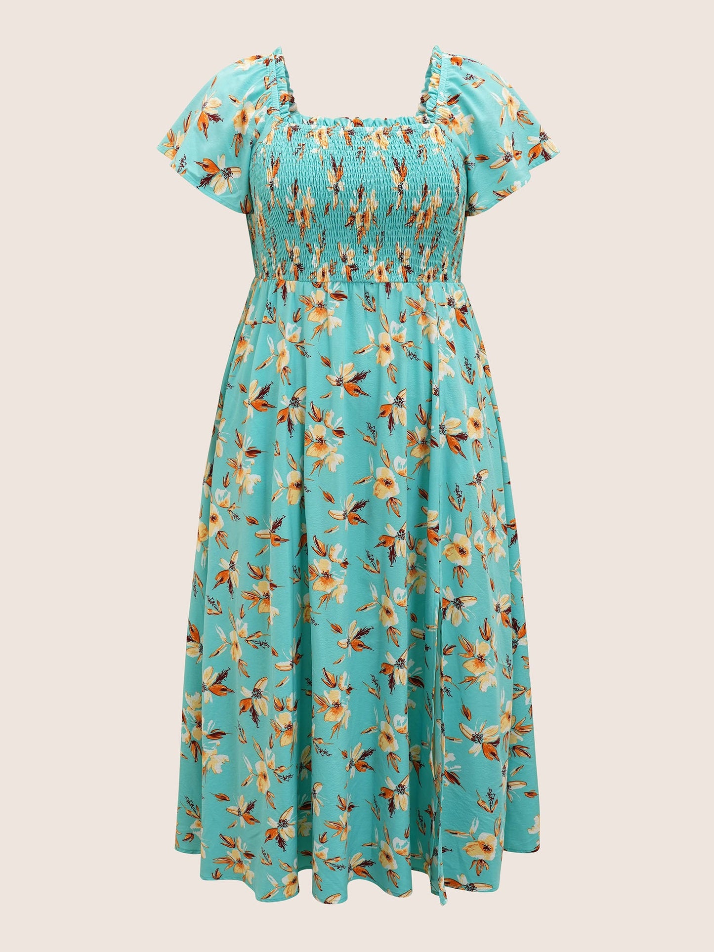 Floral Shirred Elastic Waist Split Hem Dress