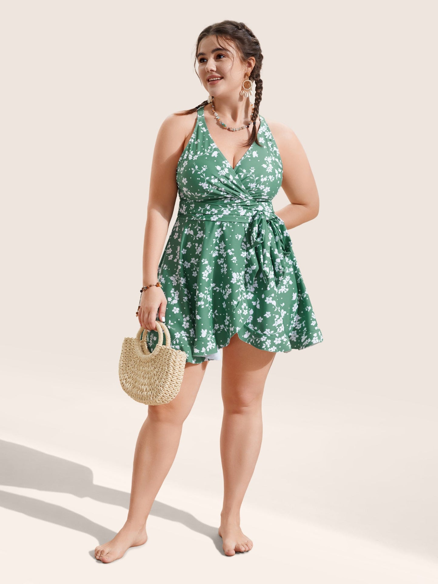 Ditsy Floral Overlap Collar Tie Knot Swim Dress