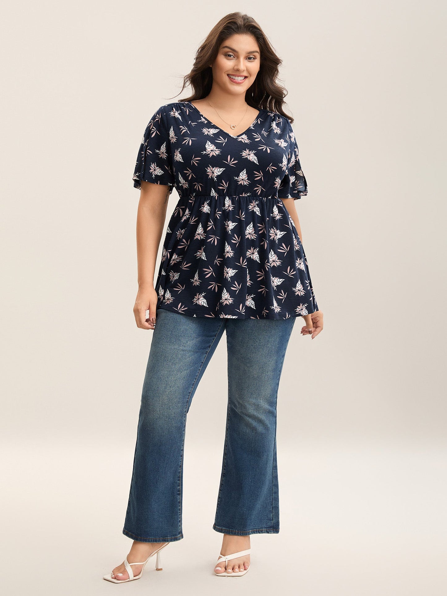 Floral Print Lotus Leaf Sleeve Knit Top