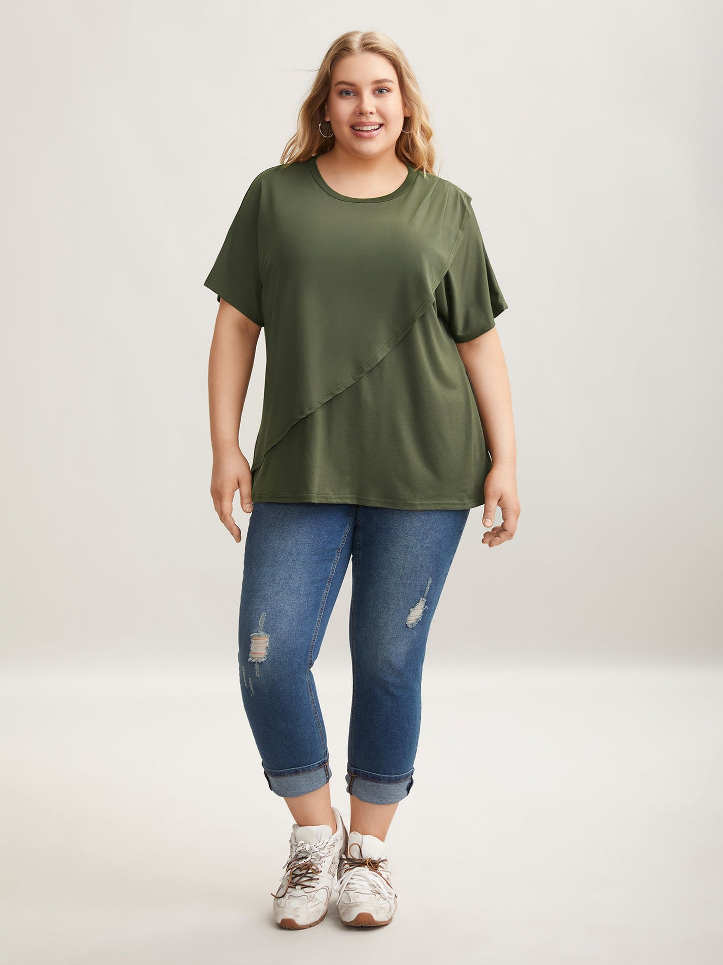 Stretchy Overlap Hem Mesh Plain Top