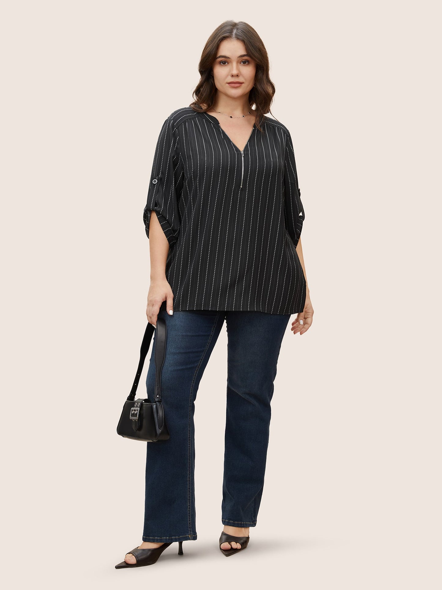 Striped Half Zip Tab Sleeve Blouse