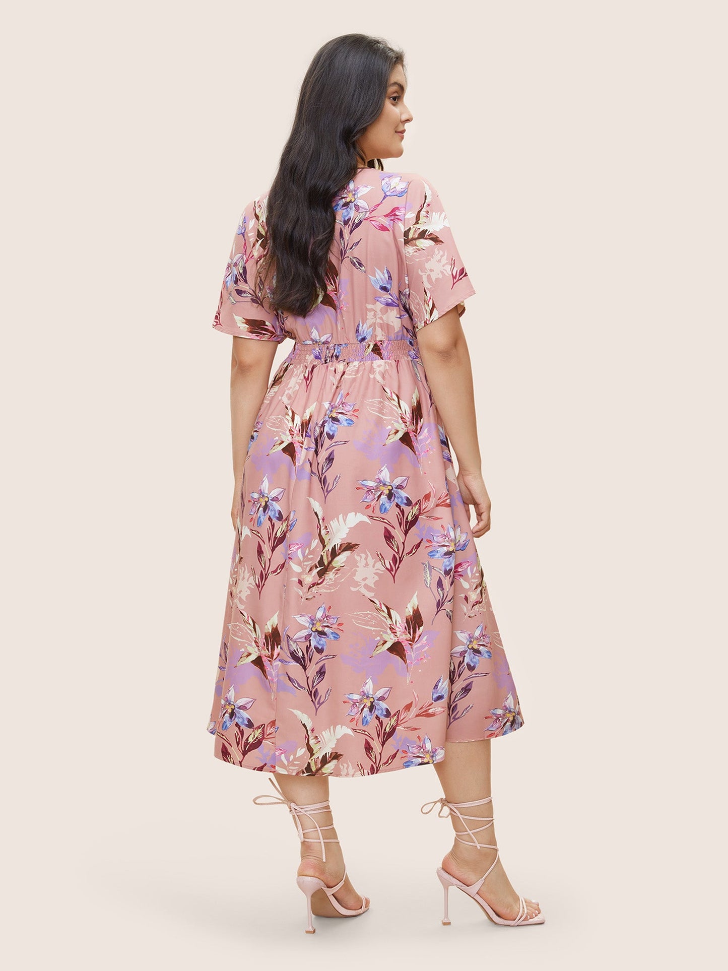 Floral Shirred Overlap Collar Elastic Waist Dress