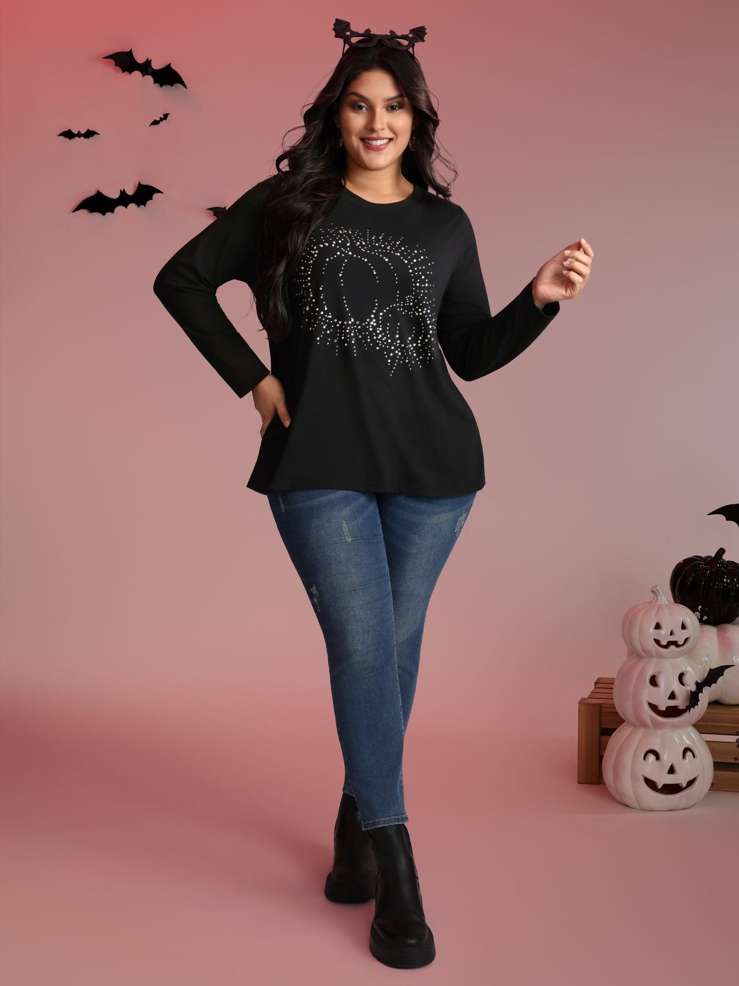 Pumpkin Sequins Crewneck Knit Top