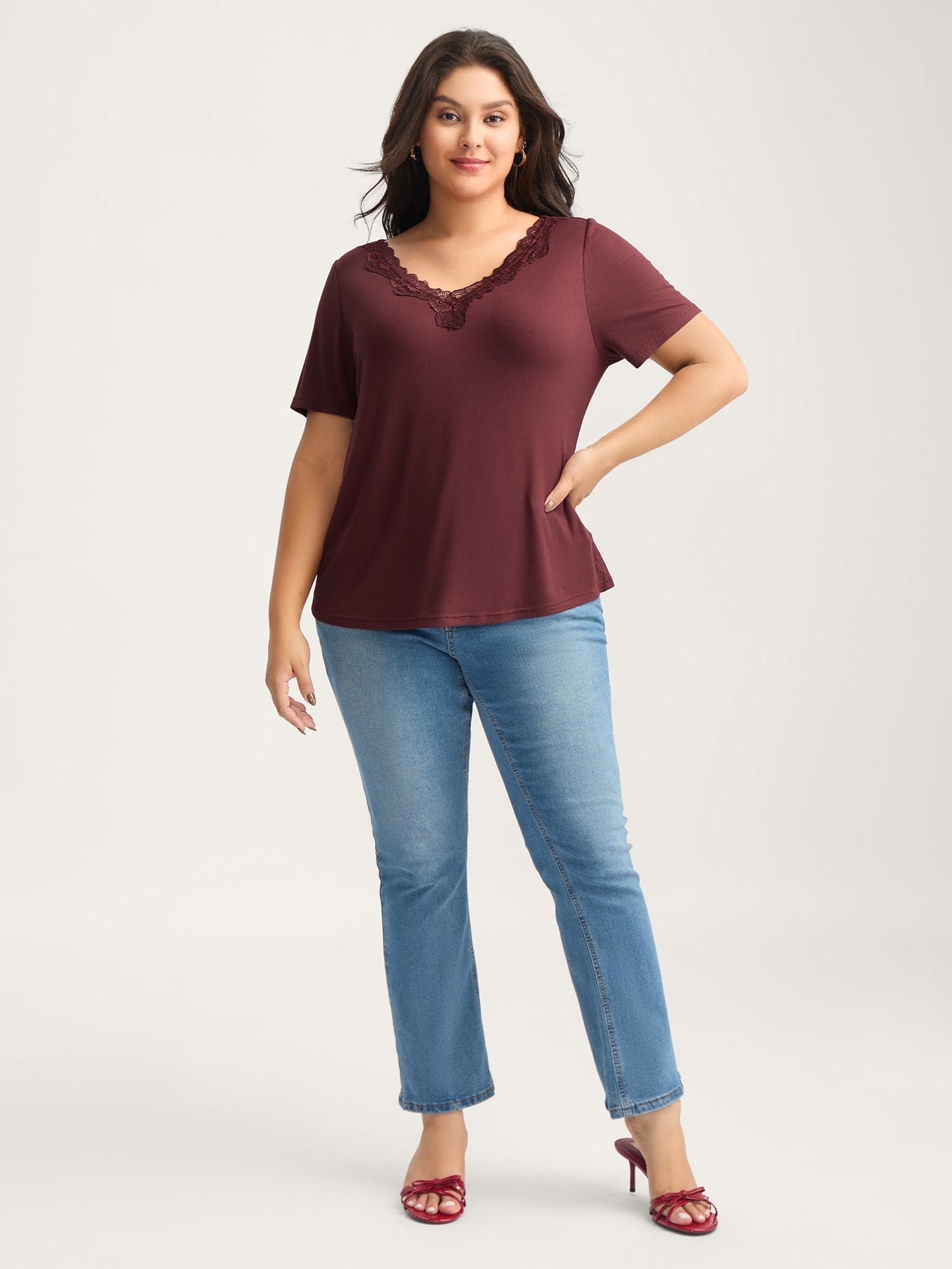 Lace V-Neck Fitted T-Shirt