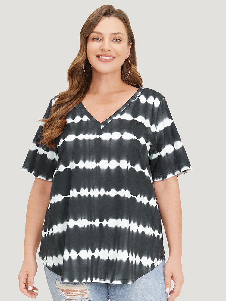 Striped Tie Dye Curved Hem T-shirt