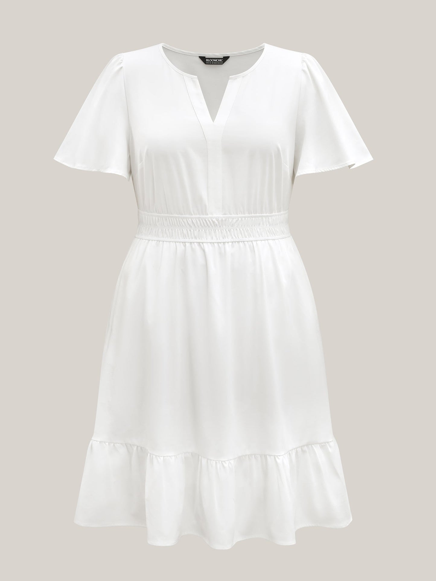 Woven Shirred Waist Split Neck Midi Dress