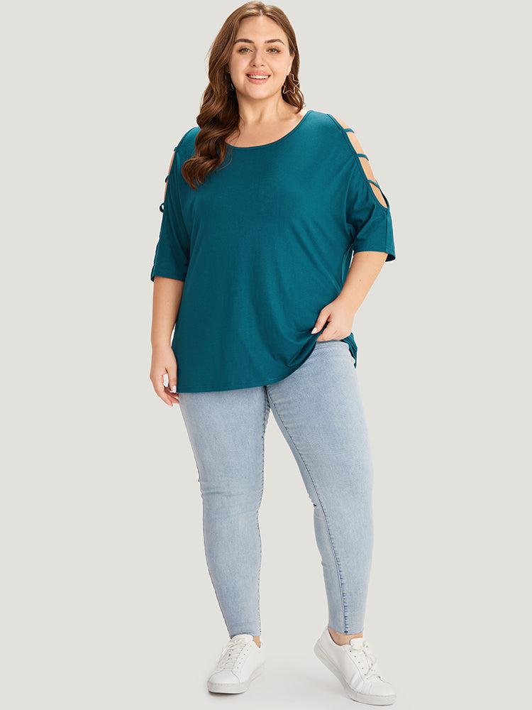 Solid Cut Out Round Neck Dolman Sleeve T-shirt