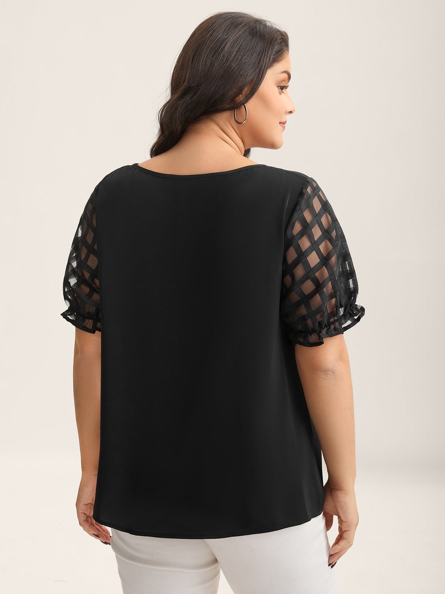 Sheer Grid Neck Keyhole Blouse