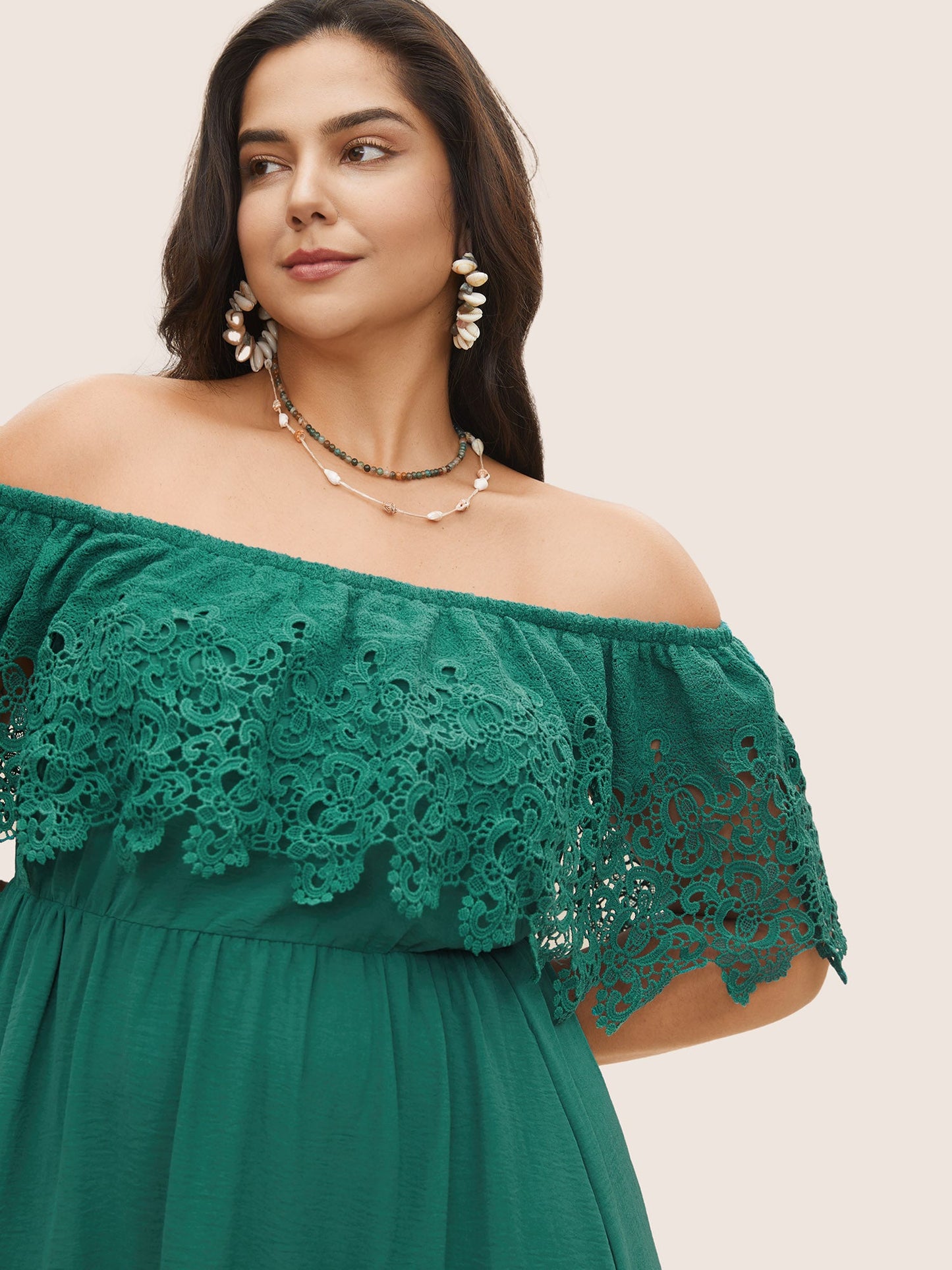 Guipure Lace Off Shoulder Flutter Hem Dress