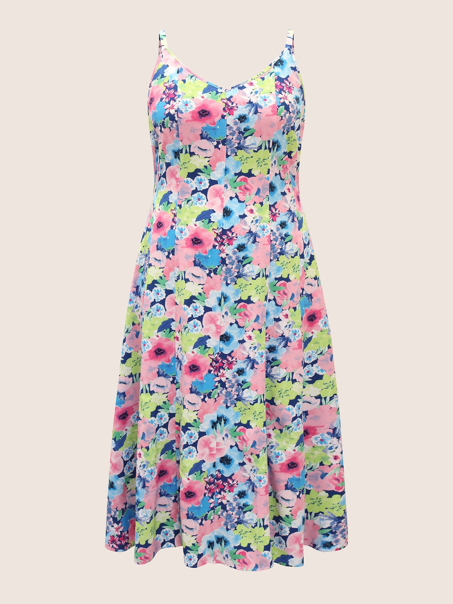 V Neck Watercolor Floral Pleated Maxi Dress
