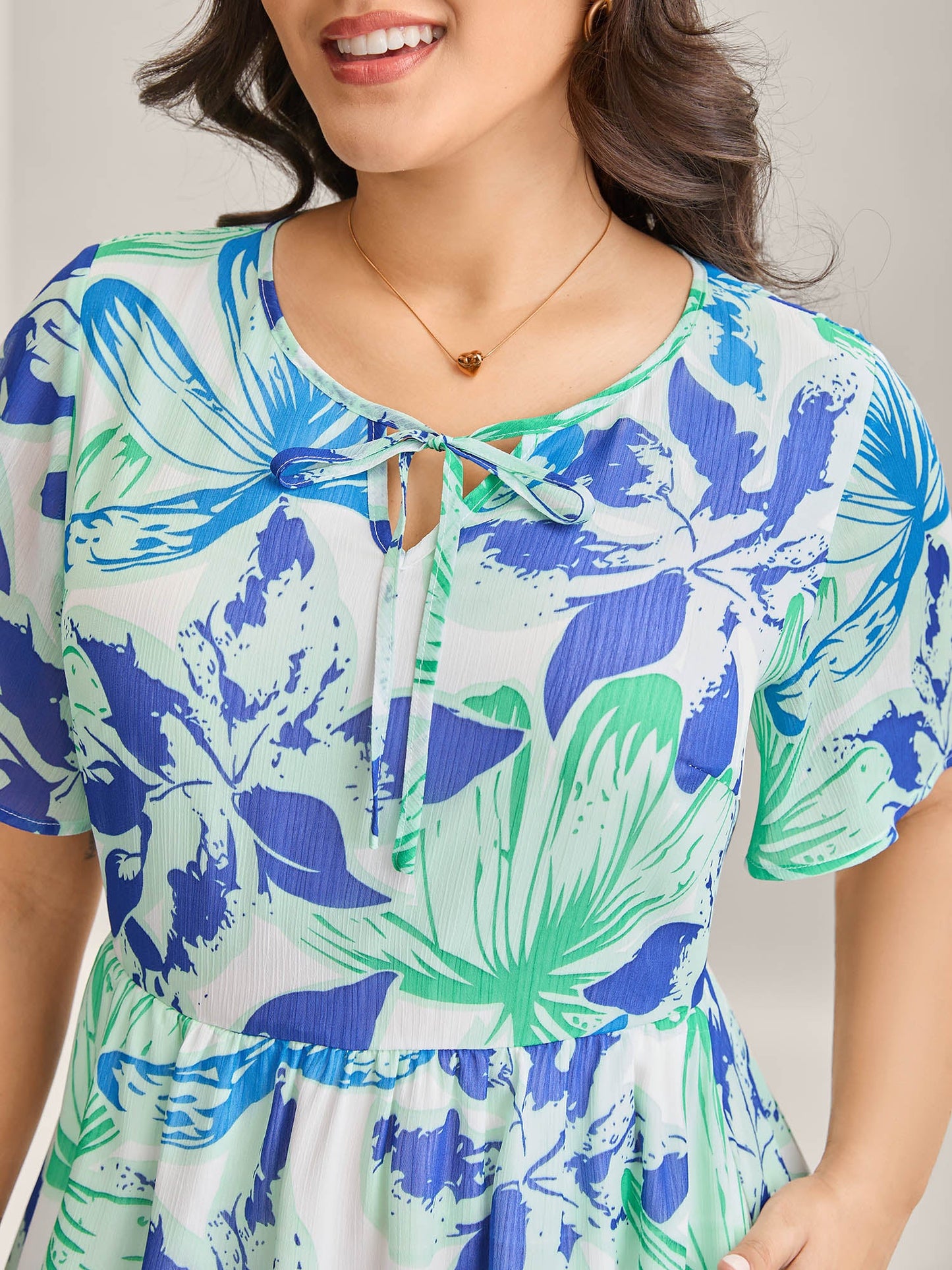 Chiffon Floral Neck Tie Lined Midi Dress