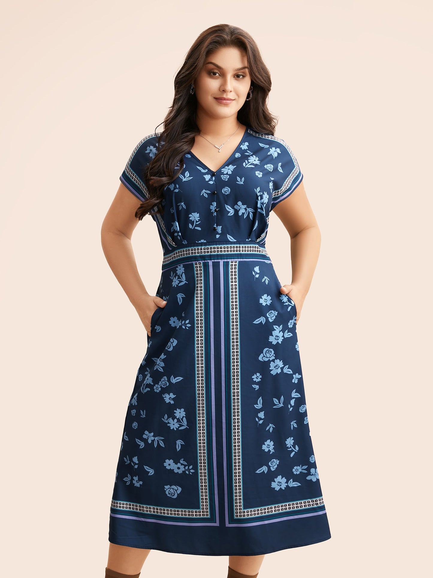 Boho Print Shirred Dolman Sleeve Dress