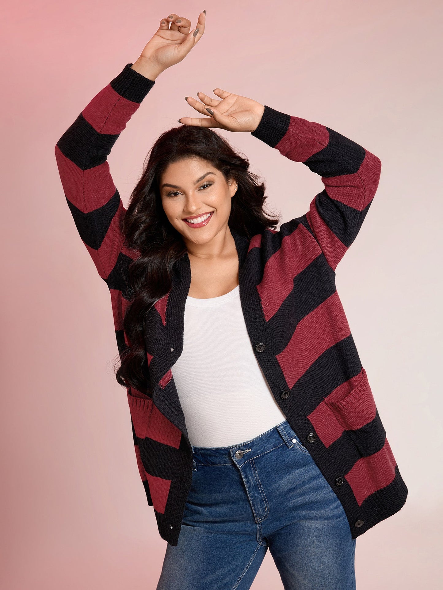 Colorblock Pockets Button Straight-Front Cardigan
