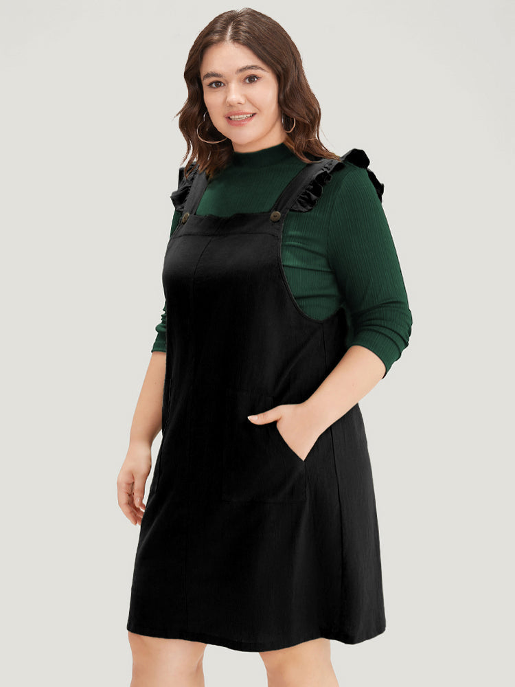 Solid Square Neck Button Up Pocket Ruffle Trim Cami Dress