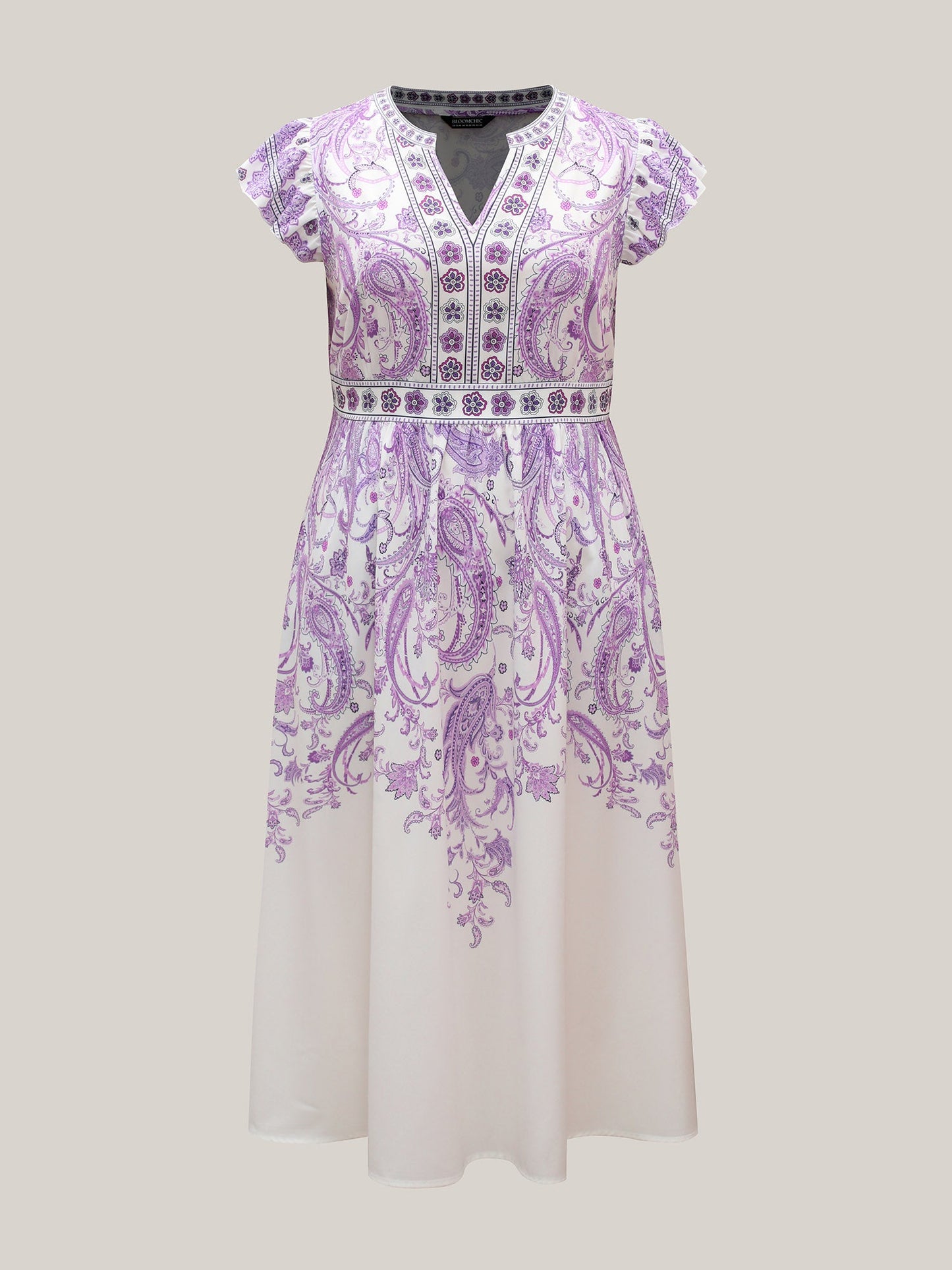 Paisley Print Notched Collar Ruffled Midi Dress