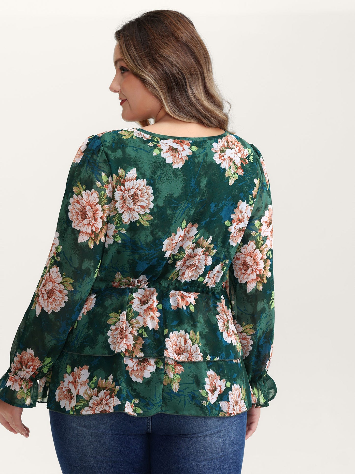 Sheer Floral Print Tie Flared Blouse