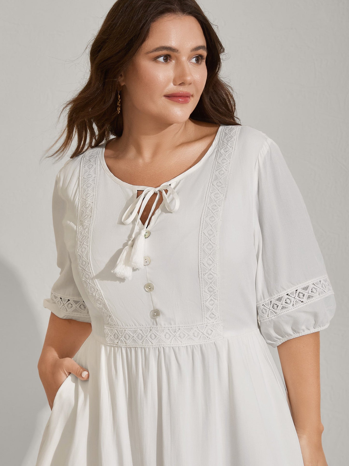 Rayon Lace Trim Cinched-Waist Midi Dress
