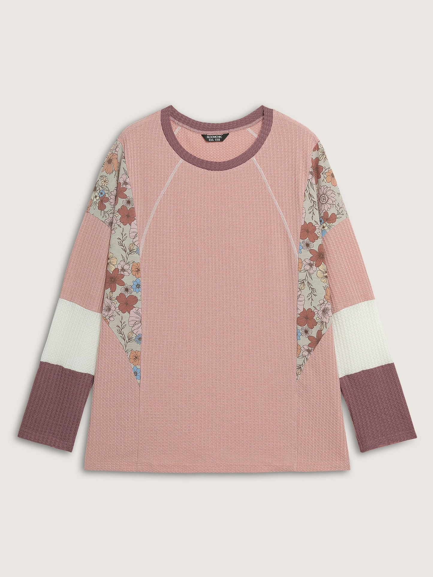 Floral Colorblock Waffle Round Neck Sweatshirt